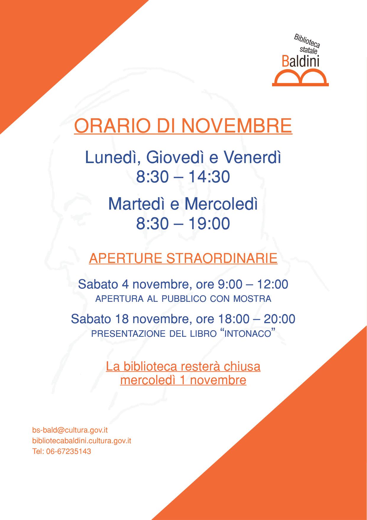 immagine che comuncia gli orari di novembre della Biblioteca Baldini e le aperture straordinarie